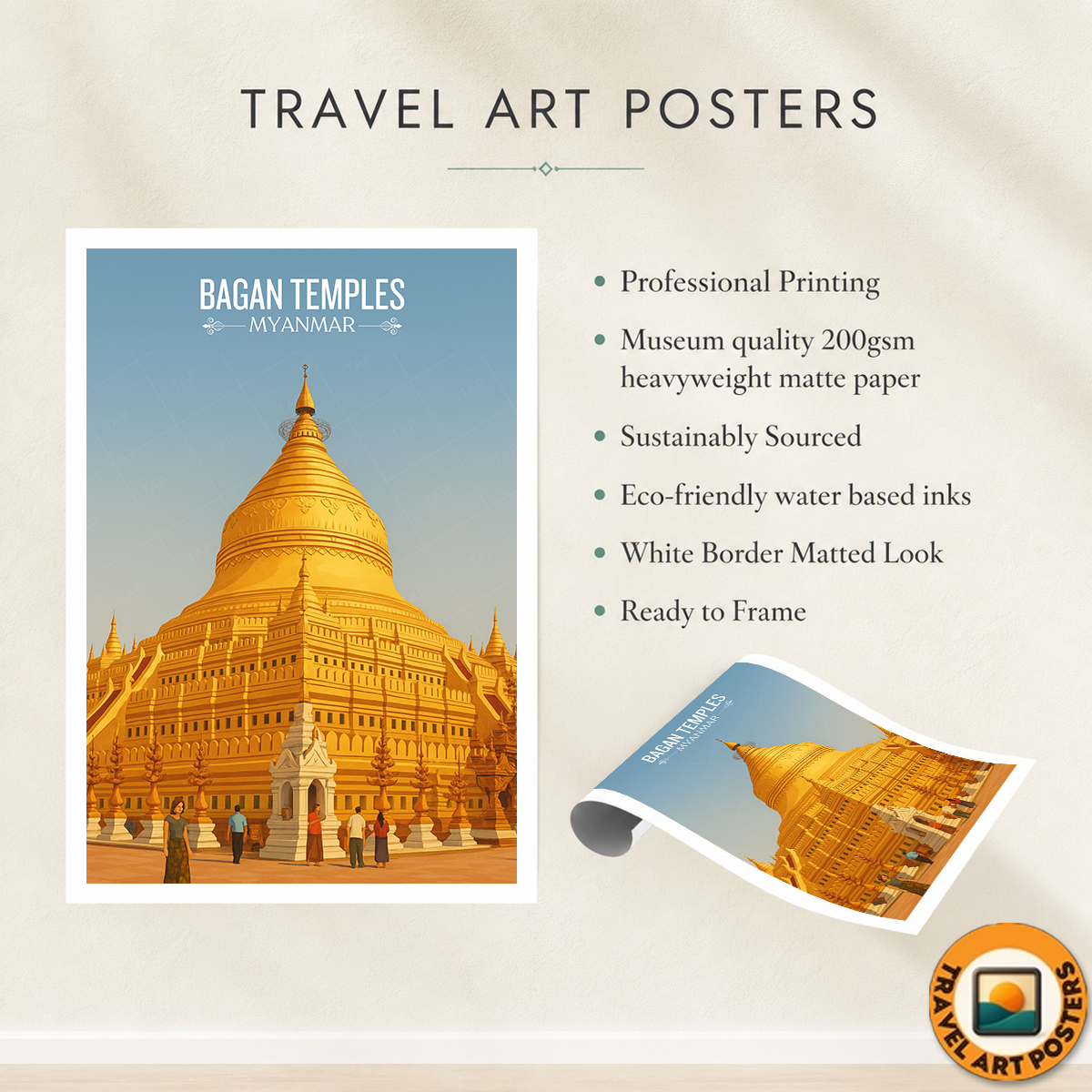 Bagan Temples - Myanmar - Travel Wall Art Deco Poster Print - Art Print - Travel Art Poster