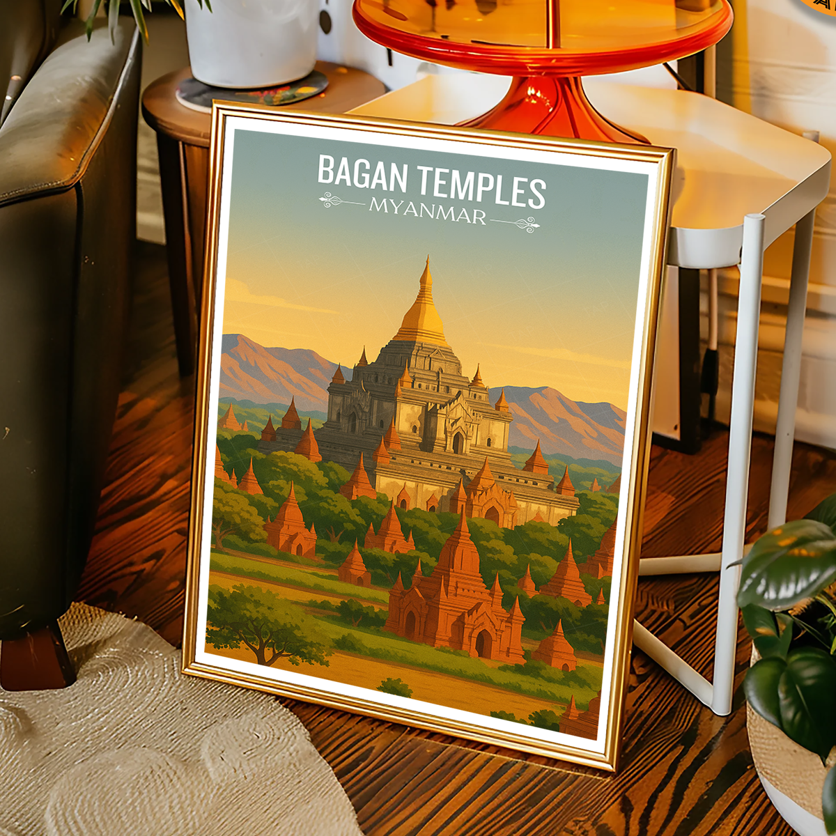 Bagan Temples - Myanmar - Travel Wall Art Deco Poster Print - Art Print - Travel Art Poster