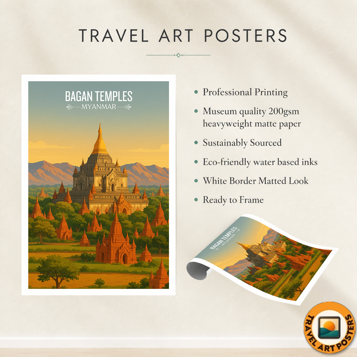 Bagan Temples - Myanmar - Travel Wall Art Deco Poster Print - Art Print - Travel Art Poster