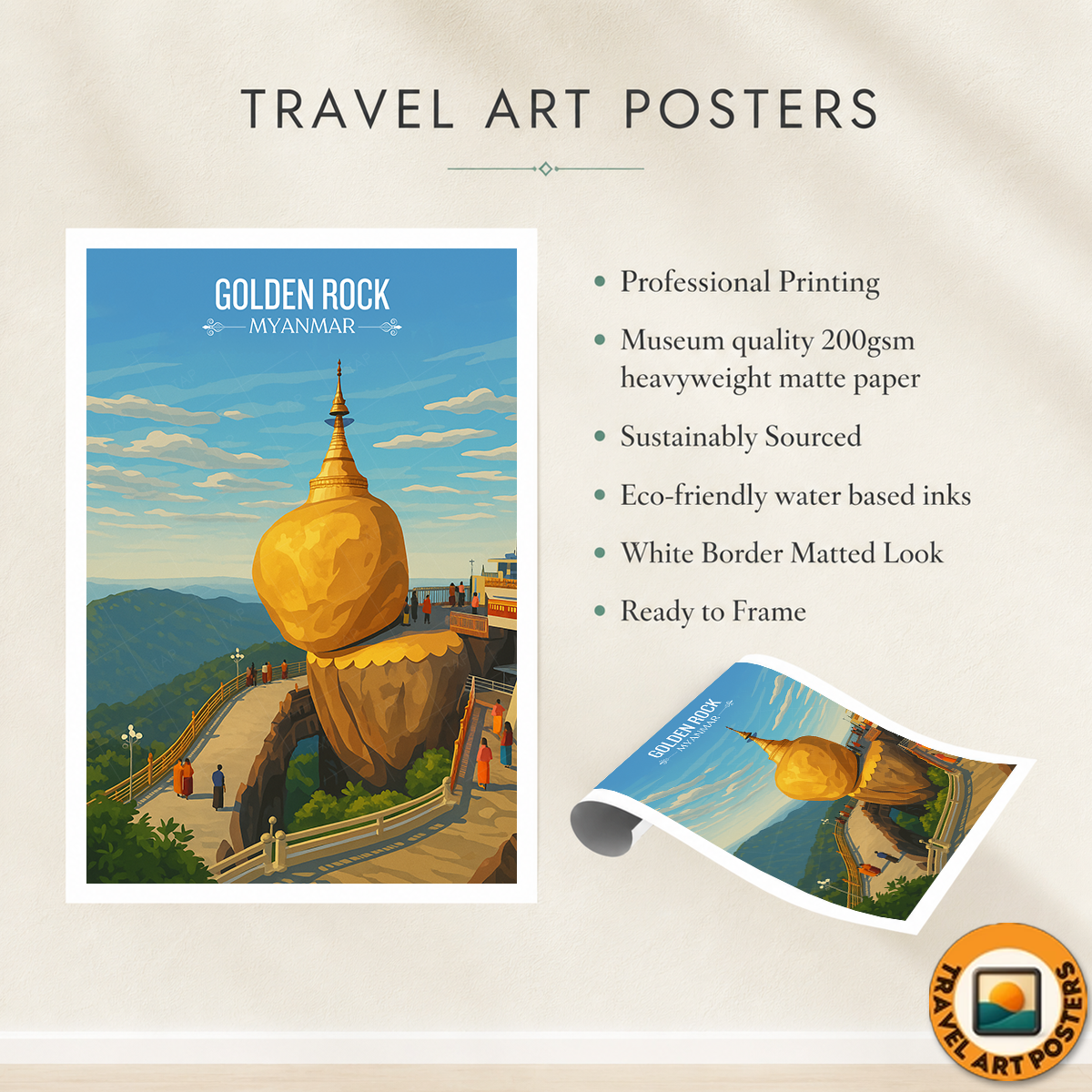 Golden Rock - Myanmar - Travel Wall Art Deco Poster Print - Art Print - Travel Art Poster