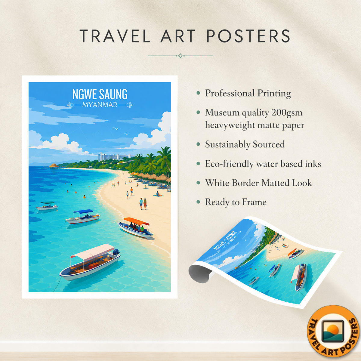 Ngwer Saung - Myanmar - Travel Wall Art Deco Poster Print - Art Print - Travel Art Poster