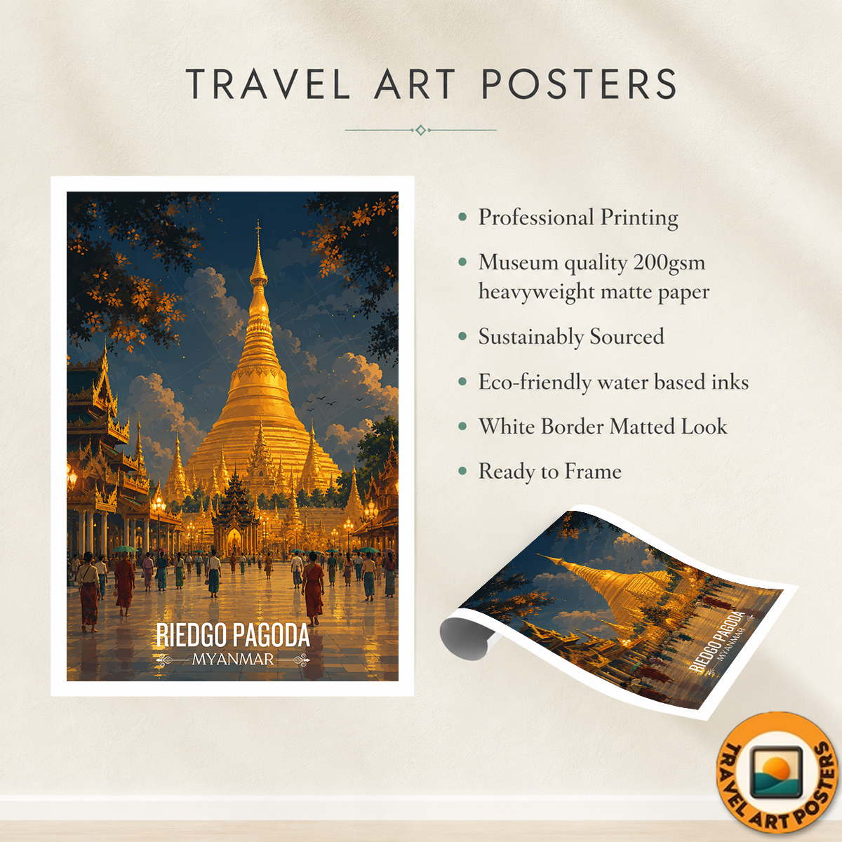 Riedgo Pagoda - Myanmar - Travel Wall Art Deco Poster Print - Art Print - Travel Art Poster
