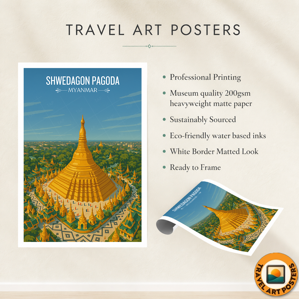 Shwedagon Pagoda - Myanmar - Travel Wall Art Deco Poster Print - Art Print - Travel Art Poster