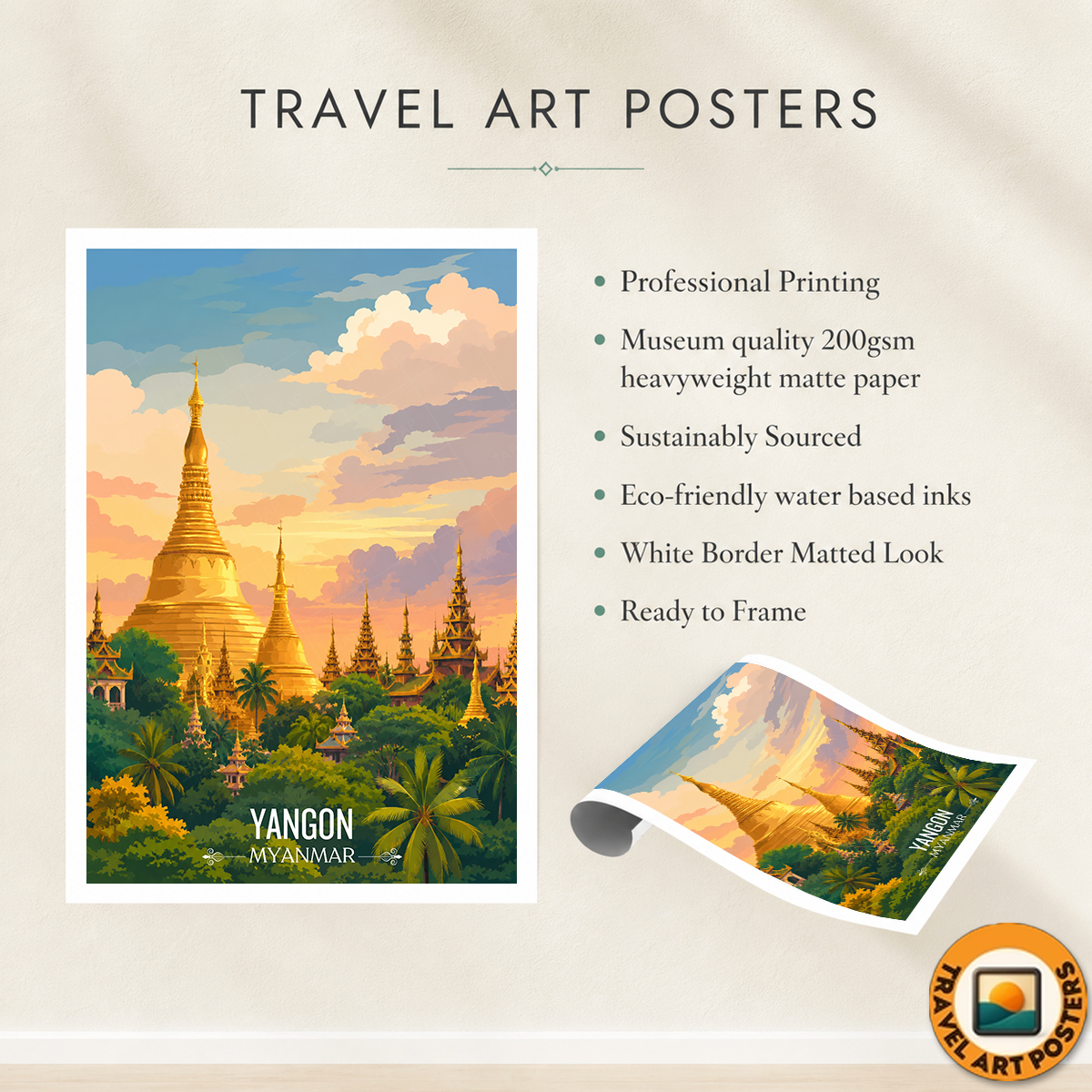 Yangon - Myanmar - Travel Wall Art Deco Poster Print - Art Print - Travel Art Poster