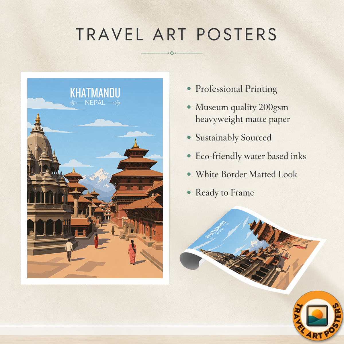 Khatmandu - Nepal - Travel Wall Art Deco Poster Print