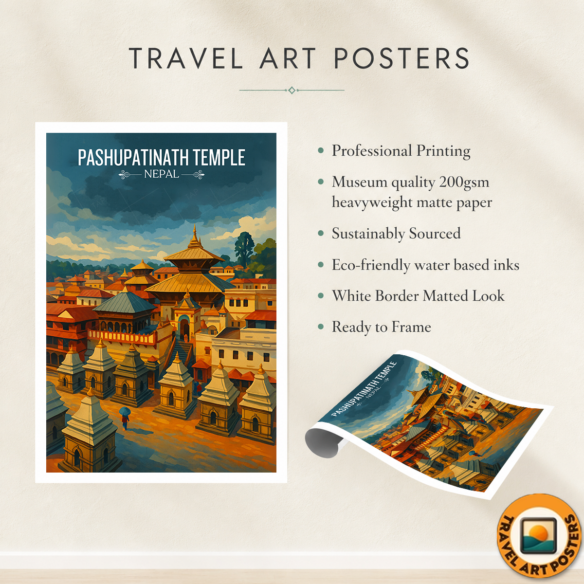 Pashupatinath Temple - Nepal - Travel Wall Art Deco Poster Print