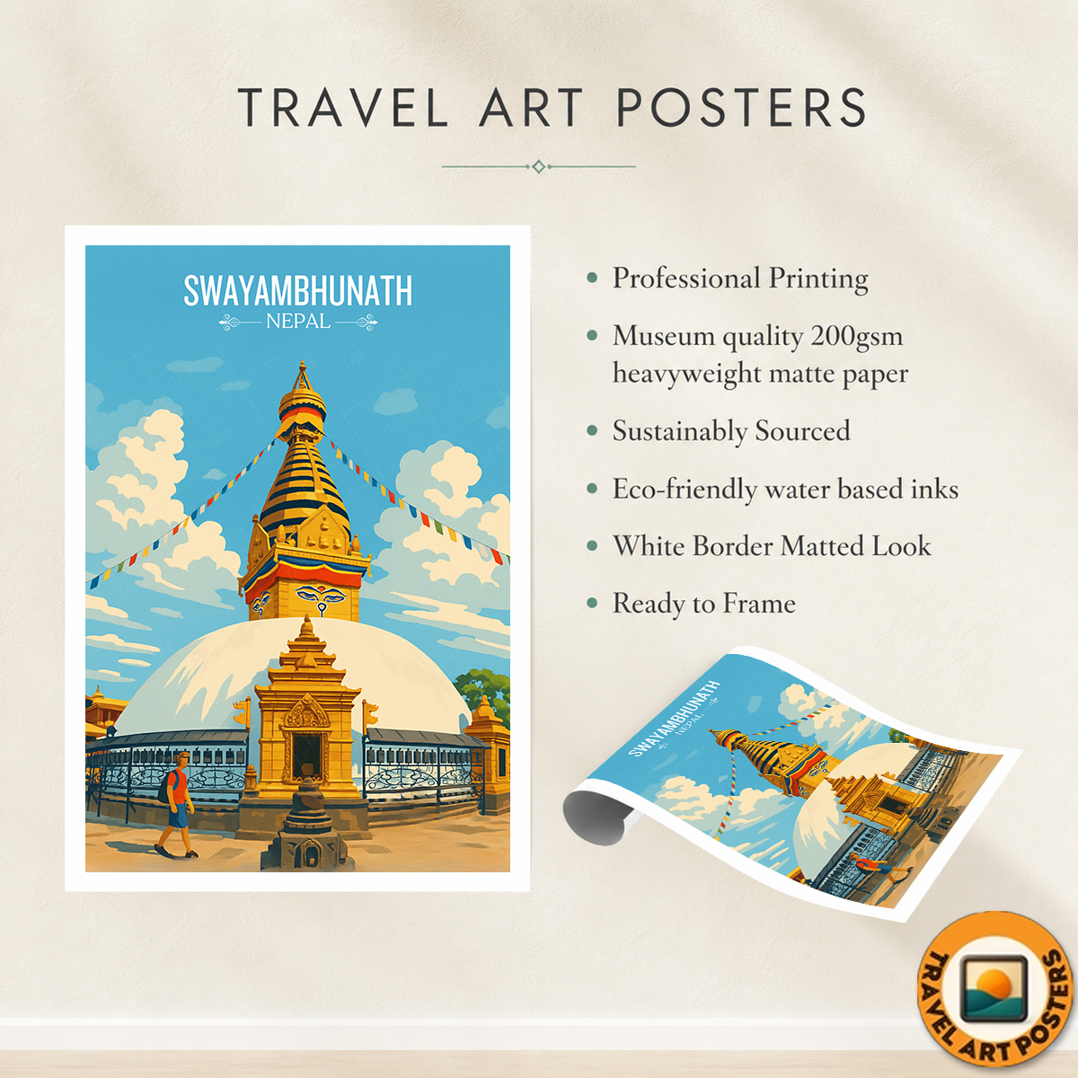 Swayambhunath - Nepal - Travel Wall Art Deco Poster Print