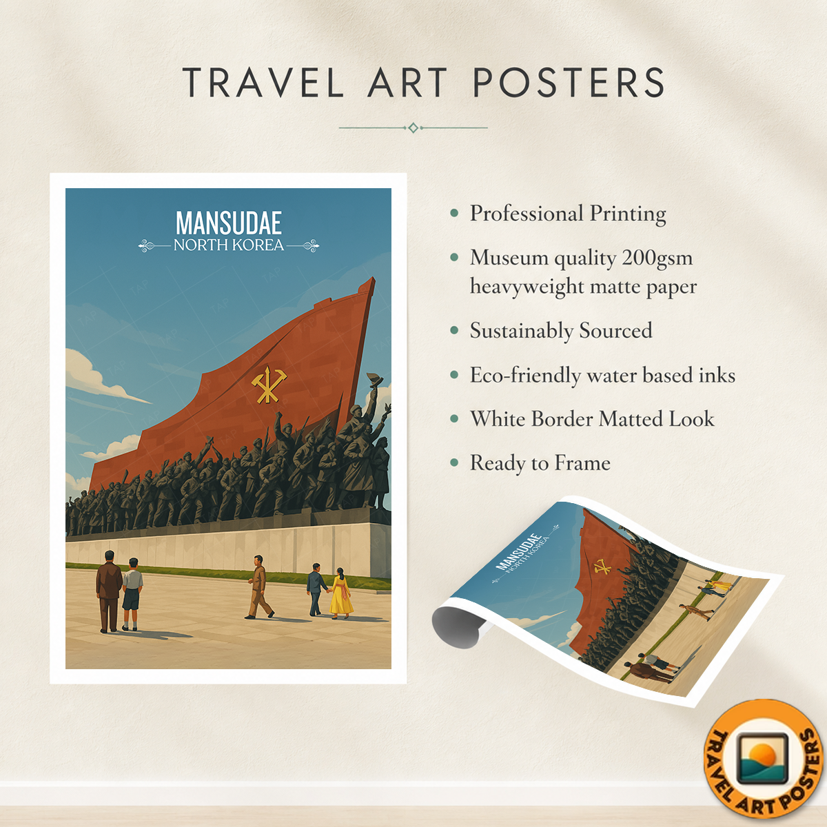 Mansudae Grand Monument - North Korea - Travel Wall Art Deco Poster Print