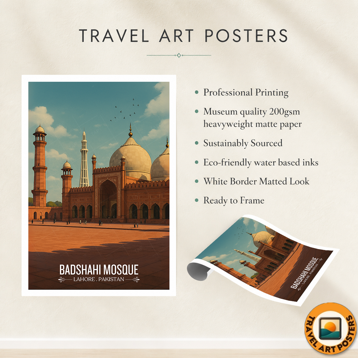 Badshahi Masjid - Lahore - Pakistan - Travel Wall Art Print - Art Print - Travel Art Poster