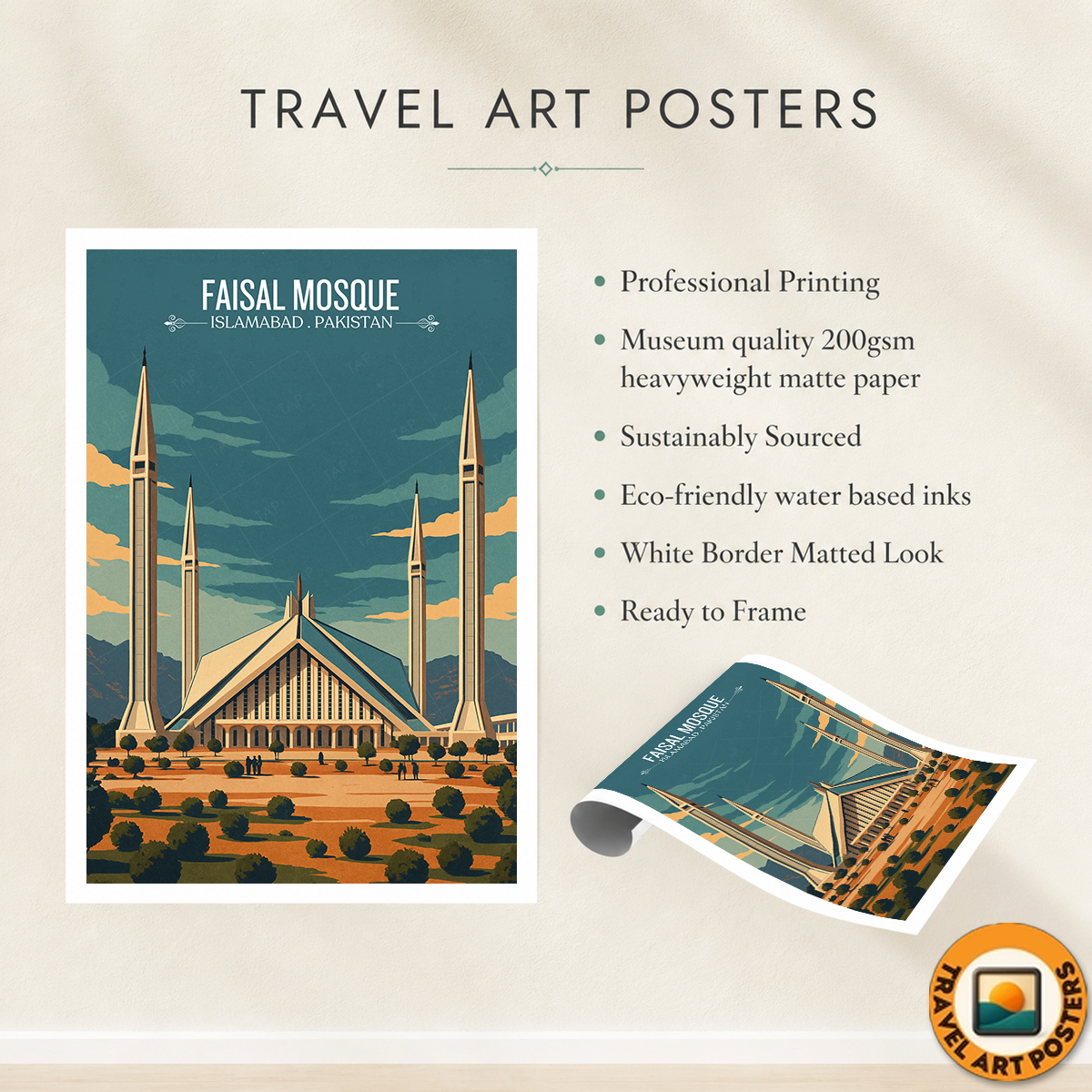 Faisal Mosque - Masjid - Islamabad - Koh-e-Saar - Travel Wall Art Print - - Travel Art Poster