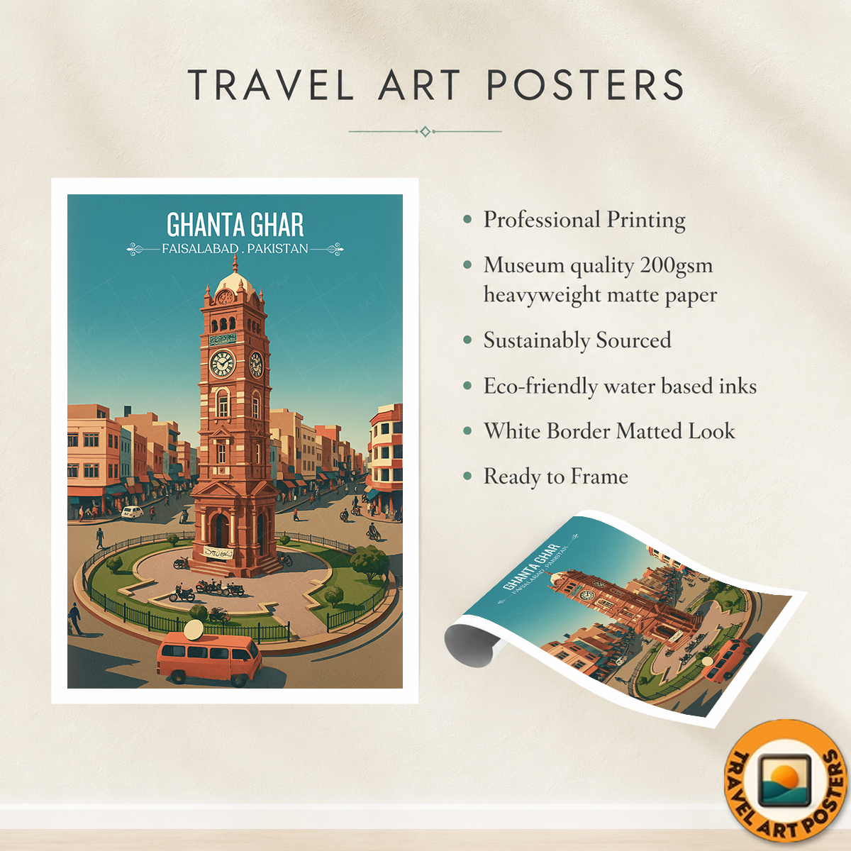 Ghanta Ghar - Tower Clock - Faisalabad - Montgomery - Travel Wall Art Print - - Travel Art Poster