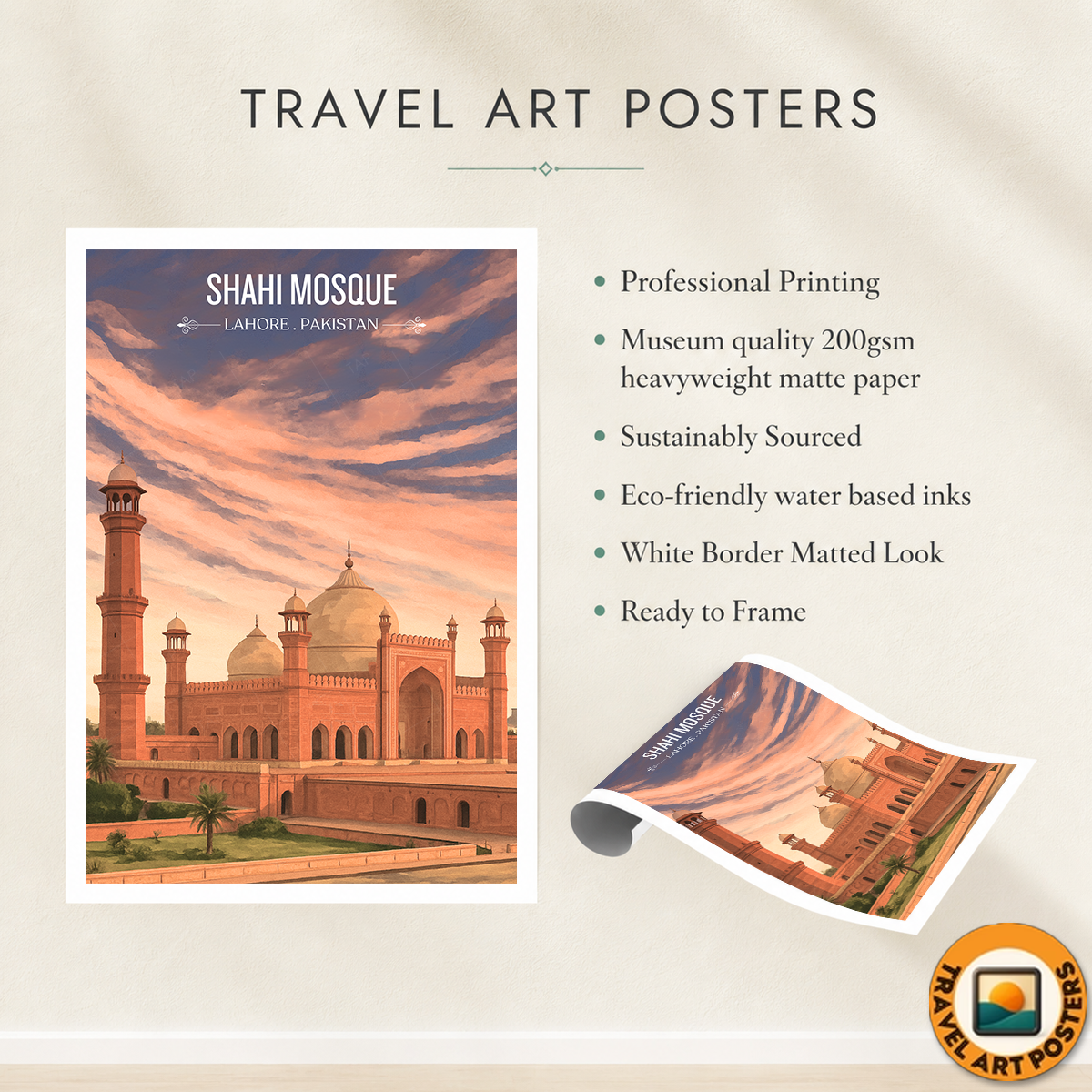 Shahi Masjid - Badshahi Masjid - Mughal Architecture Palace - Shah Jahan - Travel Wall Art Print - - Travel Art Poster
