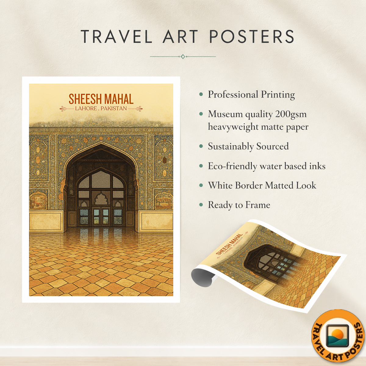 Sheesh Mahal - Mughal Architecture - Royal Mirror Gallery - Lahore - Travel Wall Art Print - - Travel Art Poster
