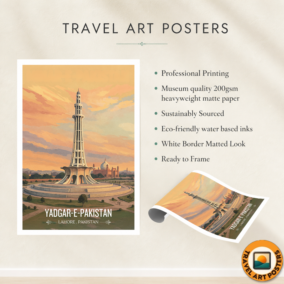 Yadgar-e-Pakistan - Minar-e-Pakistan - Pakistan Resolution Landmark - Lahore - Travel Wall Art Print - - Travel Art Poster