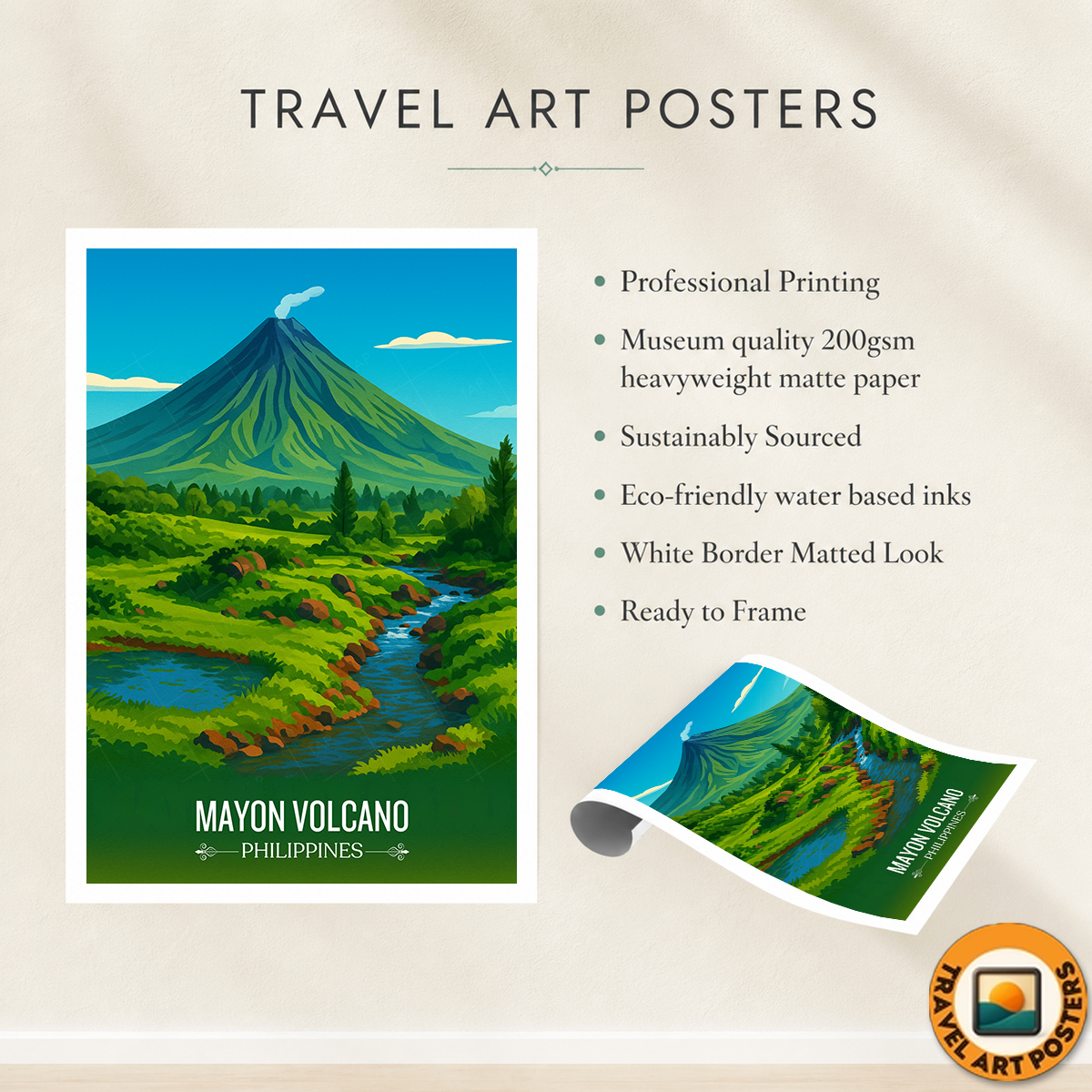 Mayon Volcano - Philippines - Travel Wall Art Deco Poster Print - Art Print - Travel Art Poster