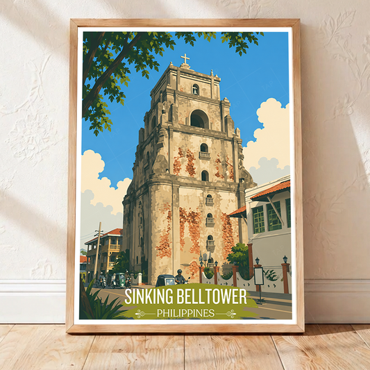 Sinking Belltower - Philippines - Travel Wall Art Deco Poster Print - Art Print - Travel Art Poster