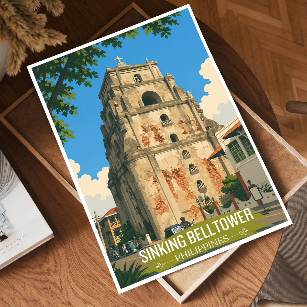 Sinking Belltower - Philippines - Travel Wall Art Deco Poster Print - Art Print - Travel Art Poster