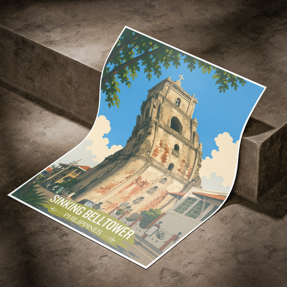 Sinking Belltower - Philippines - Travel Wall Art Deco Poster Print - Art Print - Travel Art Poster