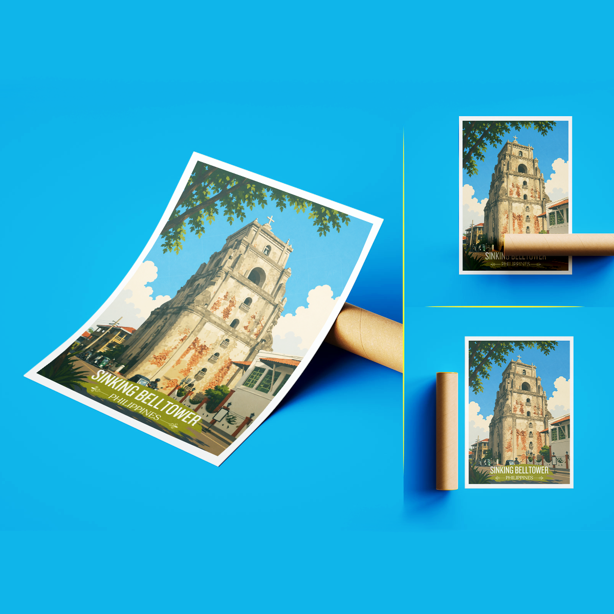 Sinking Belltower - Philippines - Travel Wall Art Deco Poster Print - Art Print - Travel Art Poster