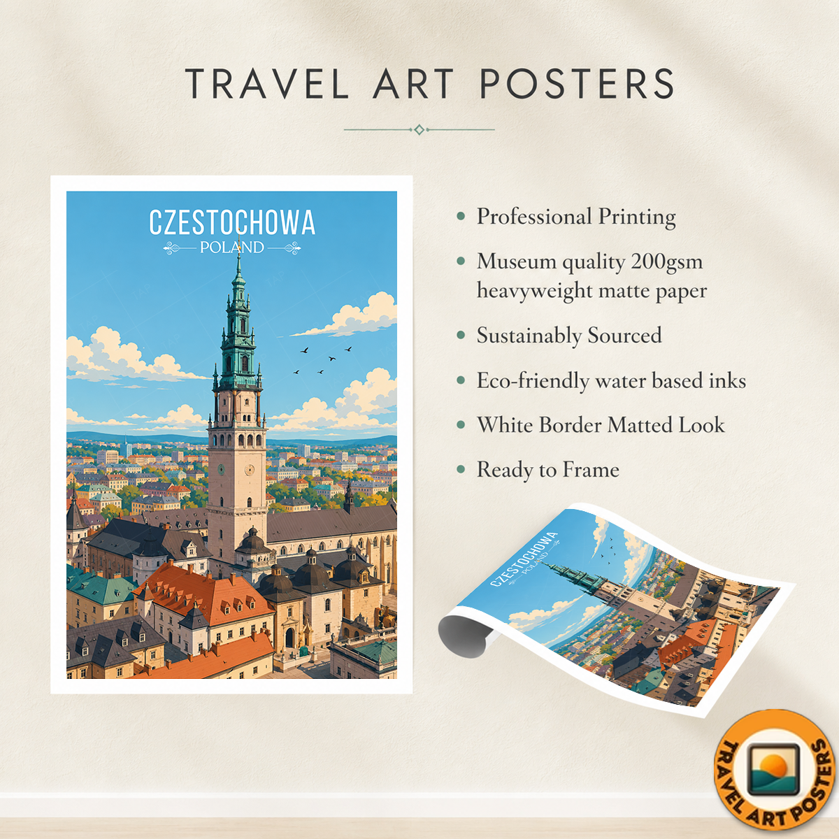 Czestochowa - Poland - Travel Poster Vintage Style Wall Art Print
