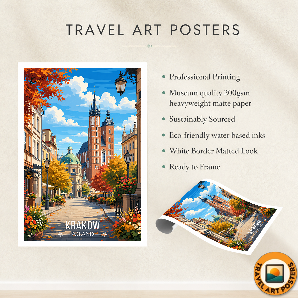 Krakow - Poland - Travel Poster Vintage Style Wall Art Print