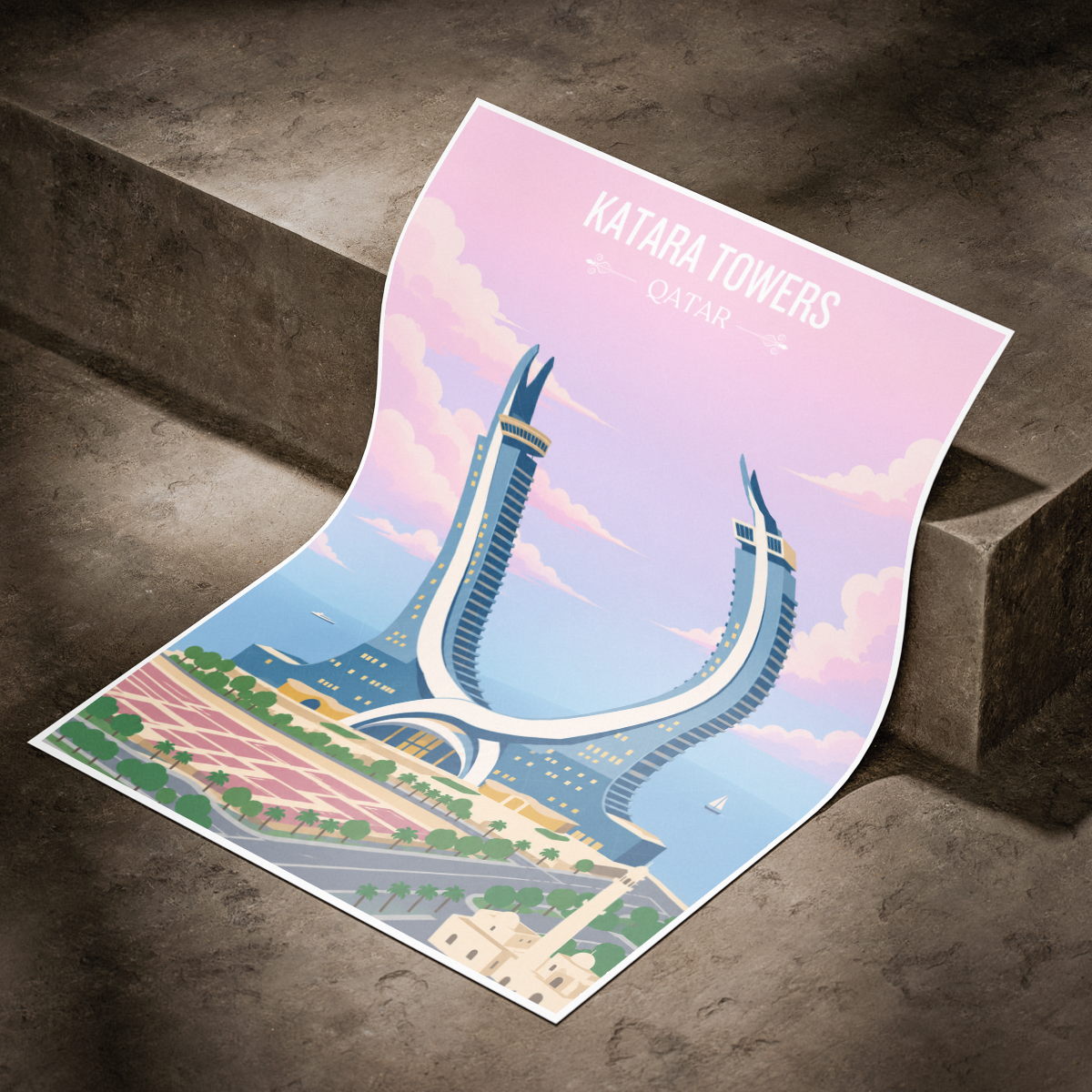 Katara Towers - Qatar - Travel Wall Art Deco Poster Print - Art Print - Travel Art Poster
