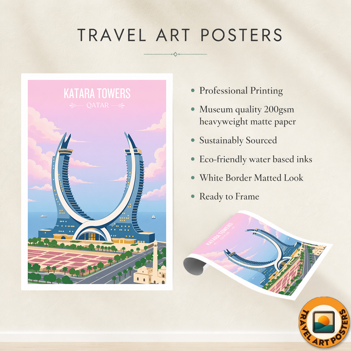 Katara Towers - Qatar - Travel Wall Art Deco Poster Print - Art Print - Travel Art Poster