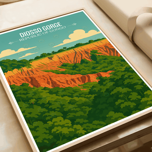 Diosso Gorge travel poster – artwork presentation view 2