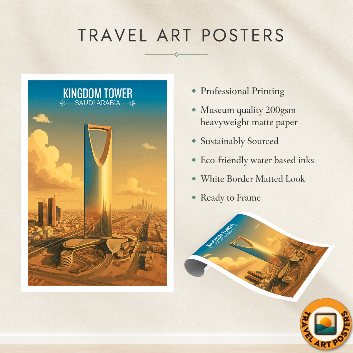 Kingdom Tower - Saudi Arabia - Travel Wall Art Deco Poster Print