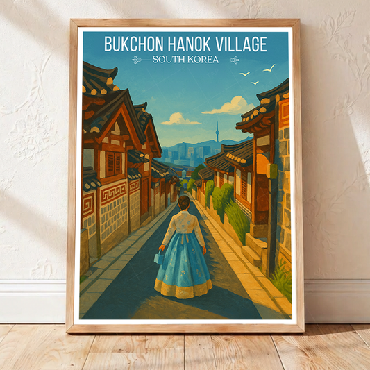 Bukchon Hanok Village - South Korea - Travel Poster Print Modern Style Wall Art - Art Print - Travel Art Poster