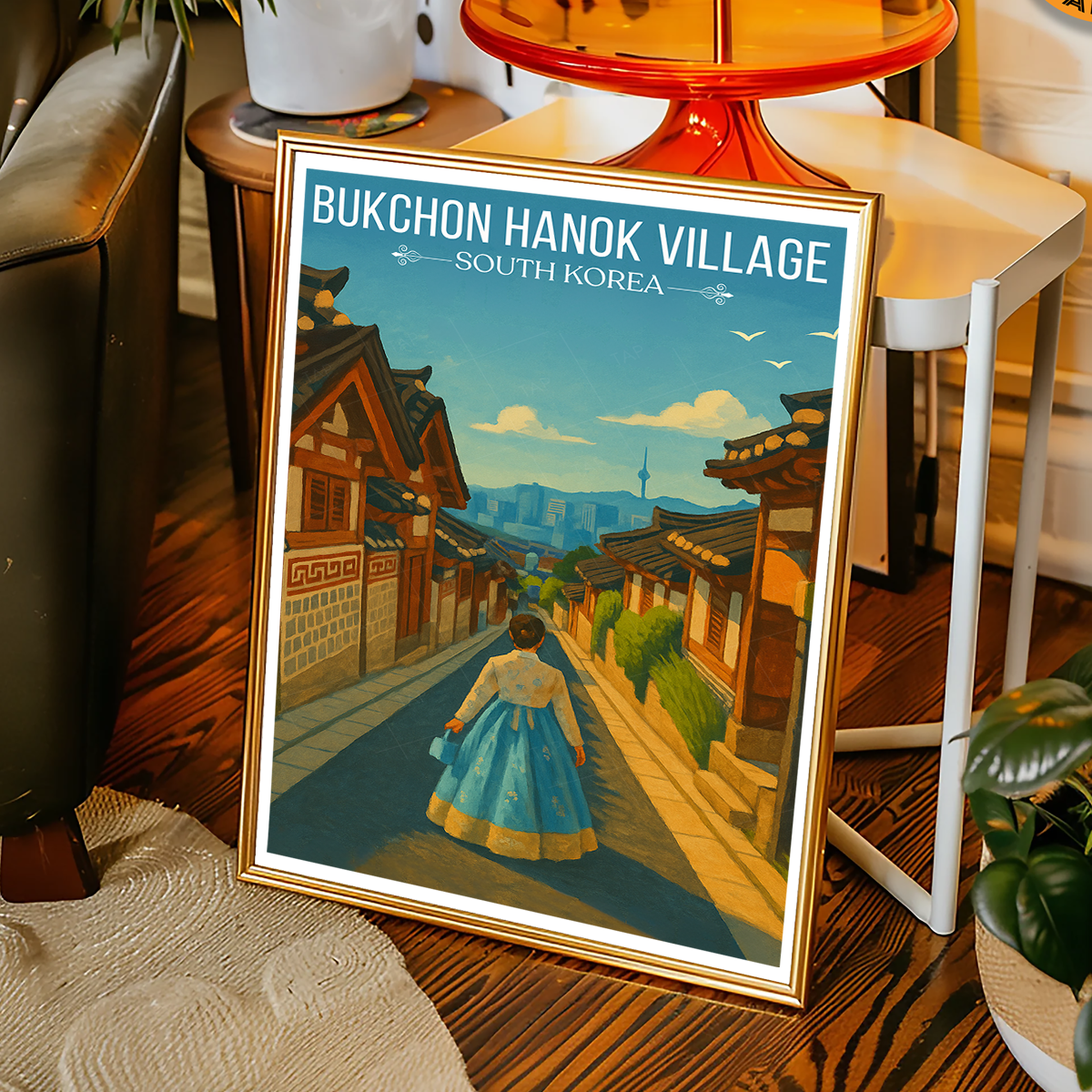 Bukchon Hanok Village - South Korea - Travel Poster Print Modern Style Wall Art - Art Print - Travel Art Poster