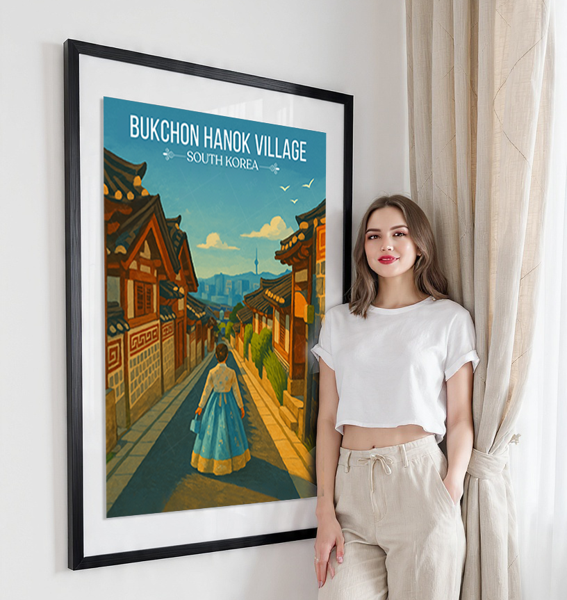 Bukchon Hanok Village - South Korea - Travel Poster Print Modern Style Wall Art - Art Print - Travel Art Poster