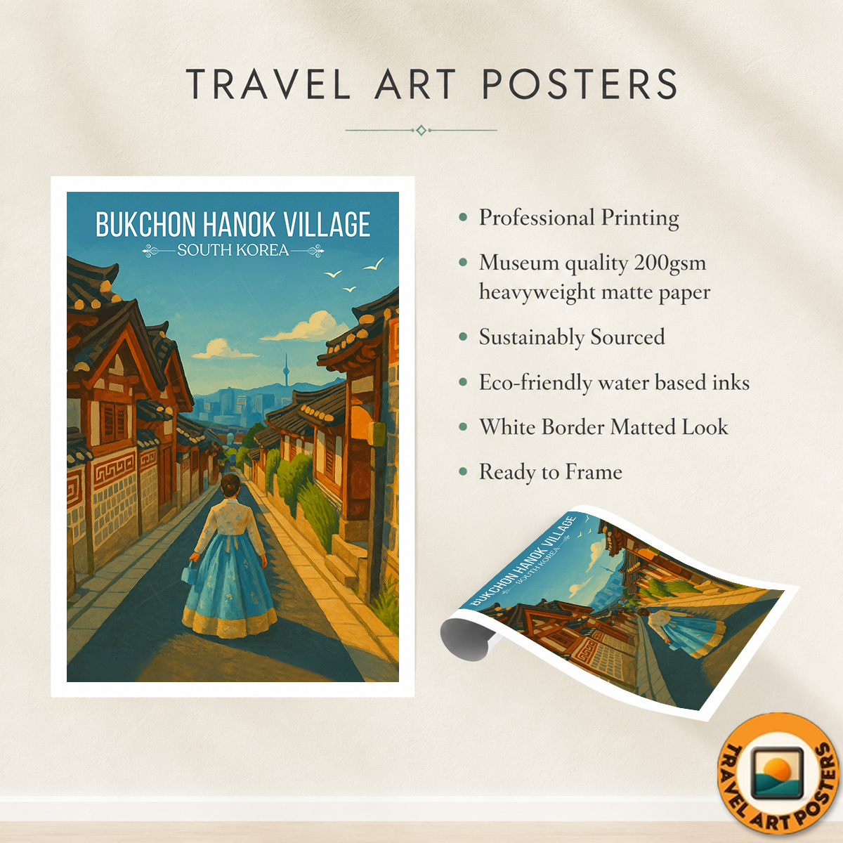 Bukchon Hanok Village - South Korea - Travel Poster Print Modern Style Wall Art - Art Print - Travel Art Poster