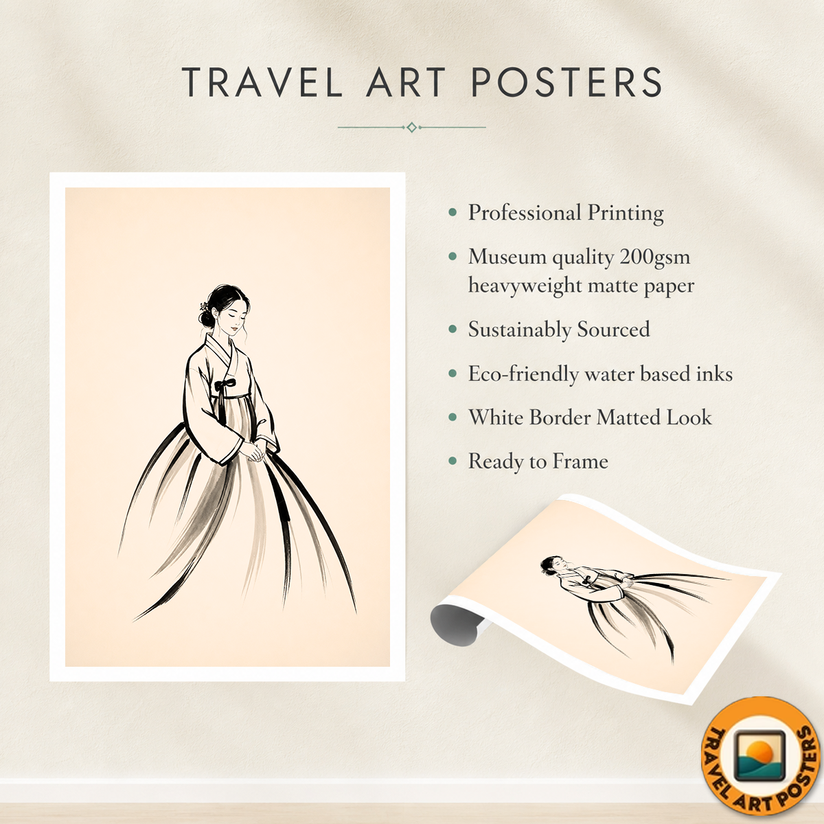 Hanbok Woman - South Korea - Travel Poster Print Modern Style Wall Art - Art Print - Travel Art Poster