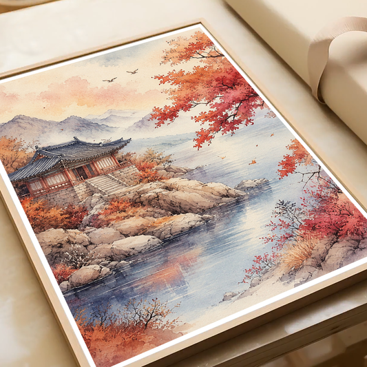 Korean Autumn - South Korea - Travel Poster Print Modern Style Wall Art - Art Print - Travel Art Poster
