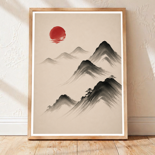Hanok Sumi-e Red Sun - South Korea - Travel Poster Print Modern Style Wall Art - Art Print - Travel Art Poster