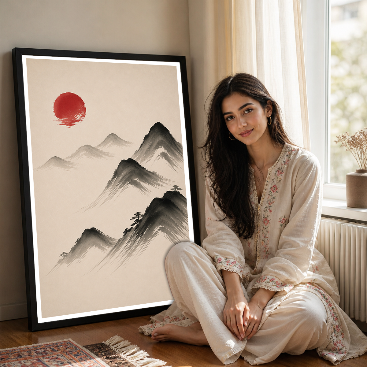Hanok Sumi-e Red Sun - South Korea - Travel Poster Print Modern Style Wall Art