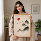 Hanok Sumi-e Red Sun - South Korea - Travel Poster Print Modern Style Wall Art