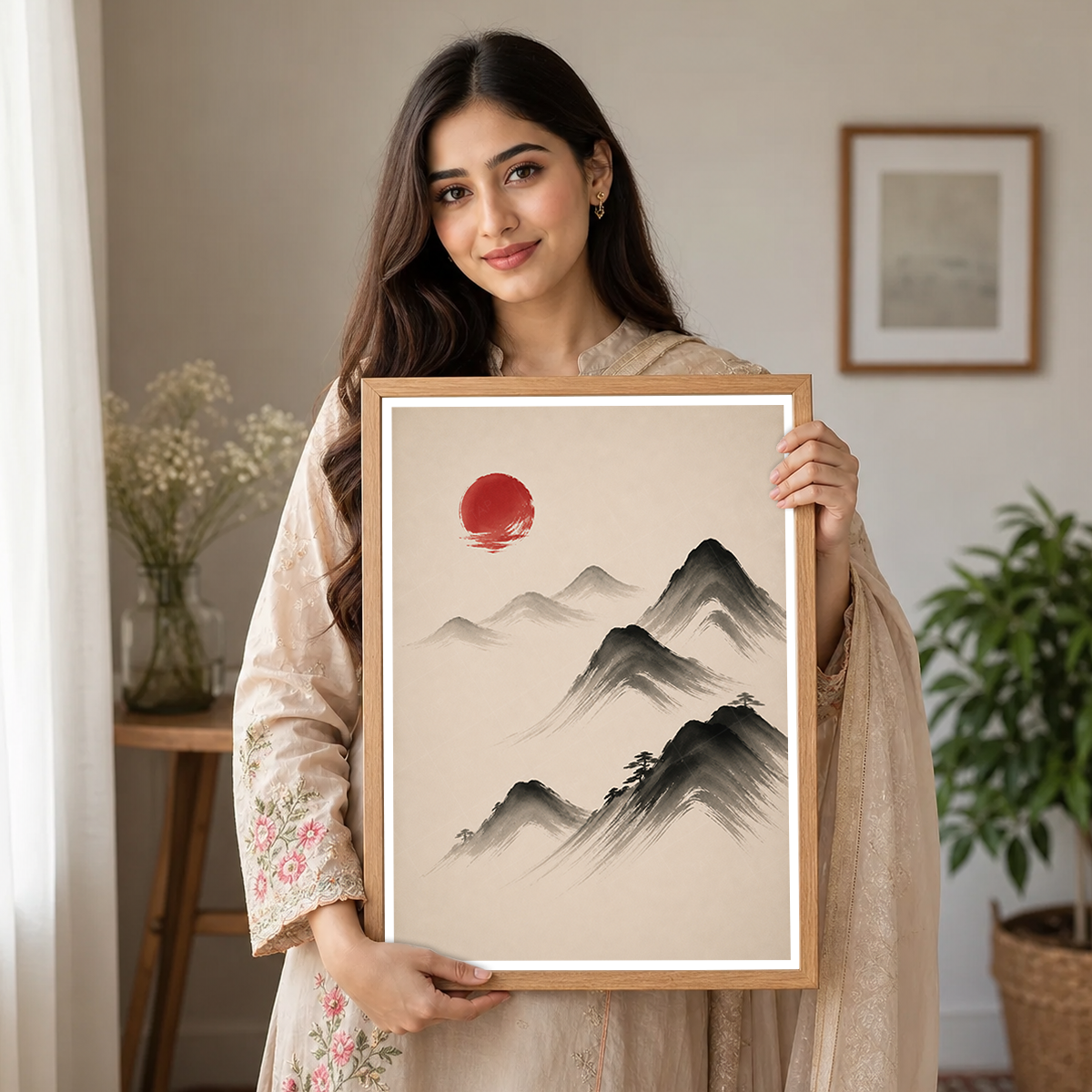 Hanok Sumi-e Red Sun - South Korea - Travel Poster Print Modern Style Wall Art