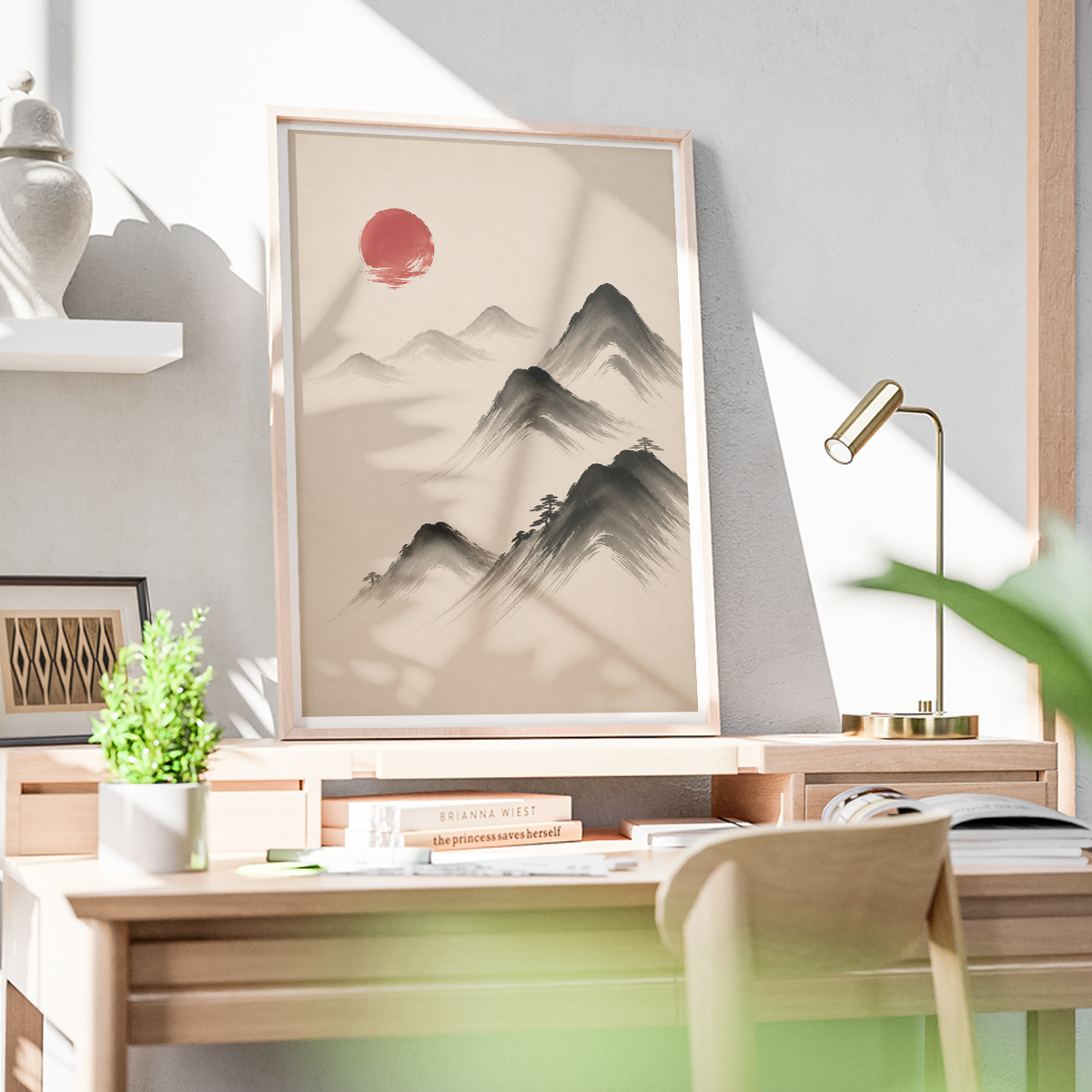 Hanok Sumi-e Red Sun - South Korea - Travel Poster Print Modern Style Wall Art