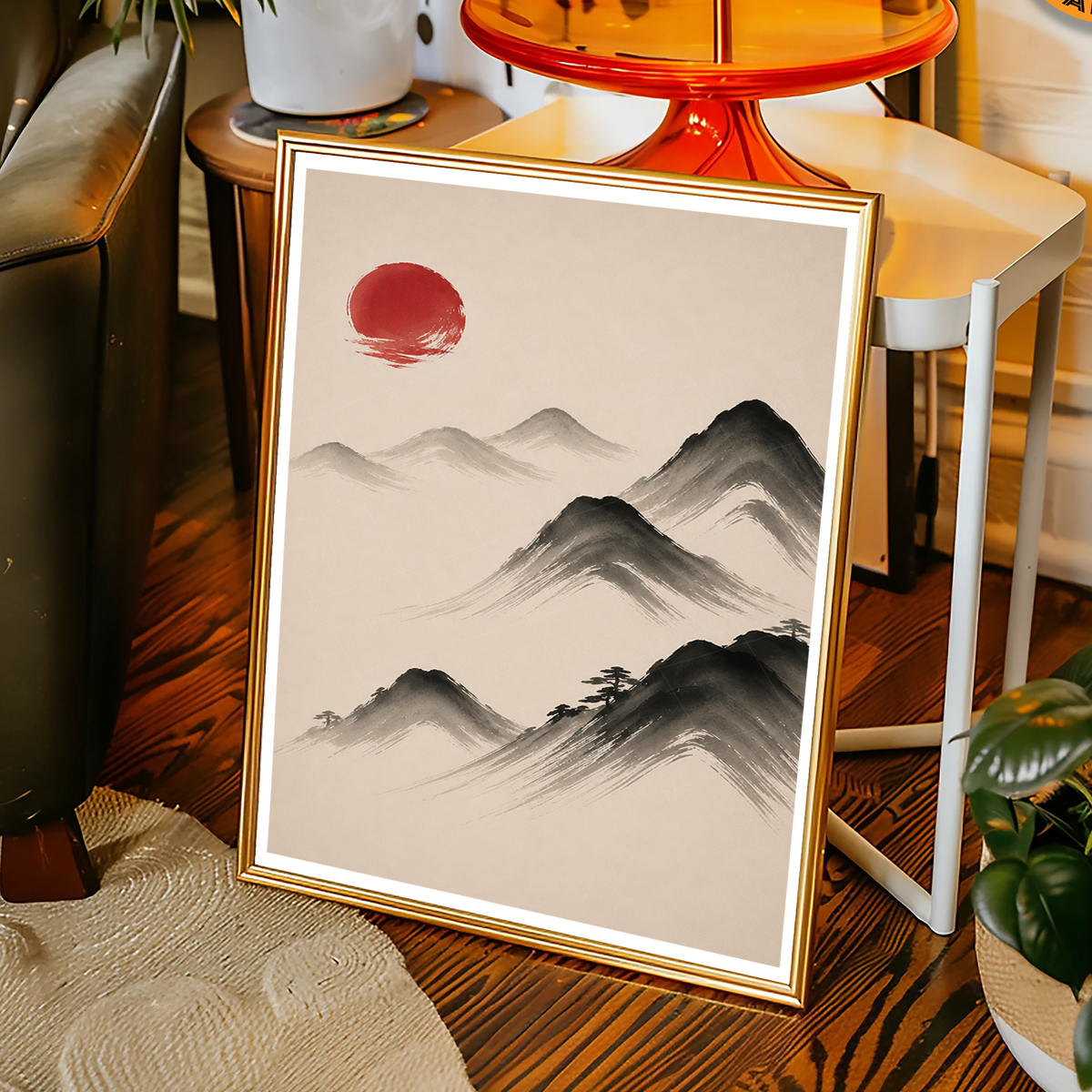 Hanok Sumi-e Red Sun - South Korea - Travel Poster Print Modern Style Wall Art