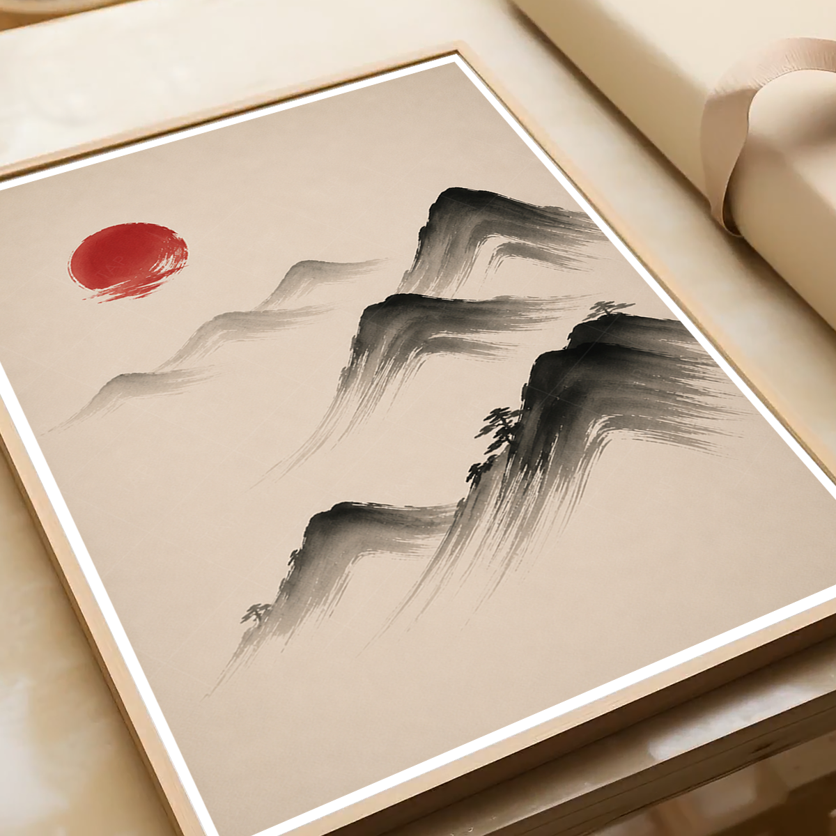 Hanok Sumi-e Red Sun - South Korea - Travel Poster Print Modern Style Wall Art