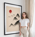 Hanok Sumi-e Red Sun - South Korea - Travel Poster Print Modern Style Wall Art