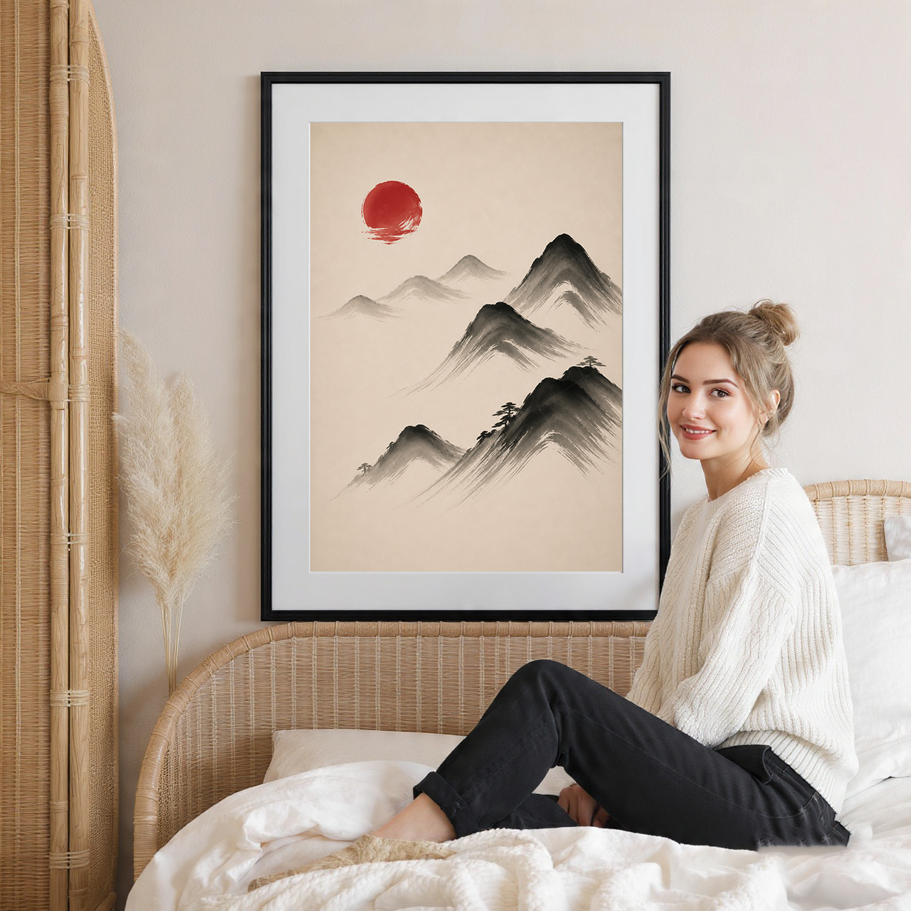 Hanok Sumi-e Red Sun - South Korea - Travel Poster Print Modern Style Wall Art