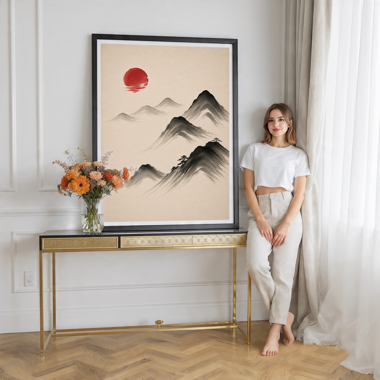 Hanok Sumi-e Red Sun - South Korea - Travel Poster Print Modern Style Wall Art