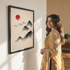Hanok Sumi-e Red Sun - South Korea - Travel Poster Print Modern Style Wall Art