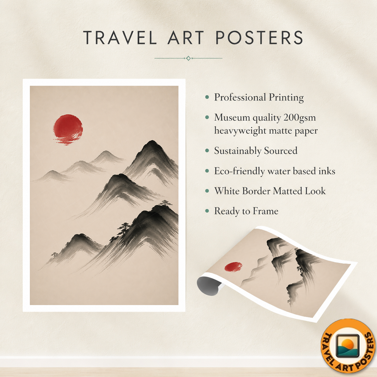 Hanok Sumi-e Red Sun - South Korea - Travel Poster Print Modern Style Wall Art