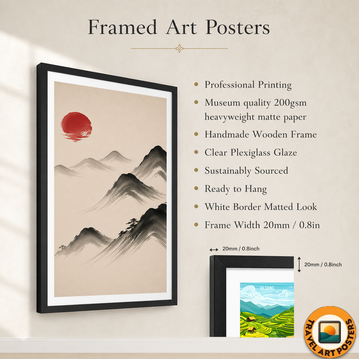 Hanok Sumi-e Red Sun - South Korea - Travel Poster Print Modern Style Wall Art