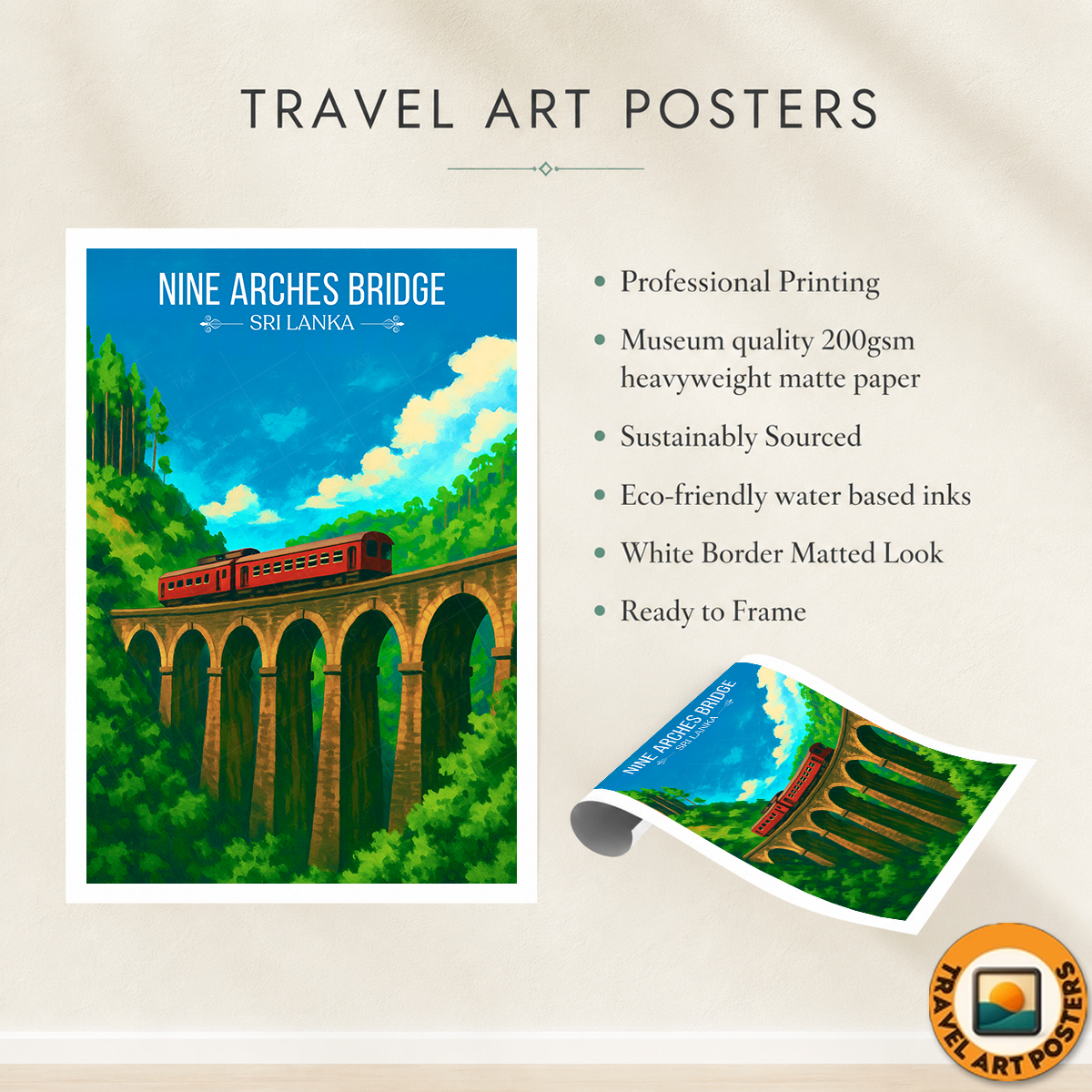 Nine Arches Bridge - Sri Lanka - Travel Poster Print Modern Style Wall Art - Art Print - Travel Art Poster