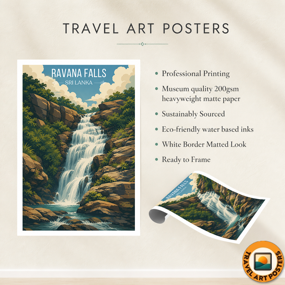 Ravana Falls - Sri Lanka - Travel Poster Print Modern Style Wall Art - Art Print - Travel Art Poster